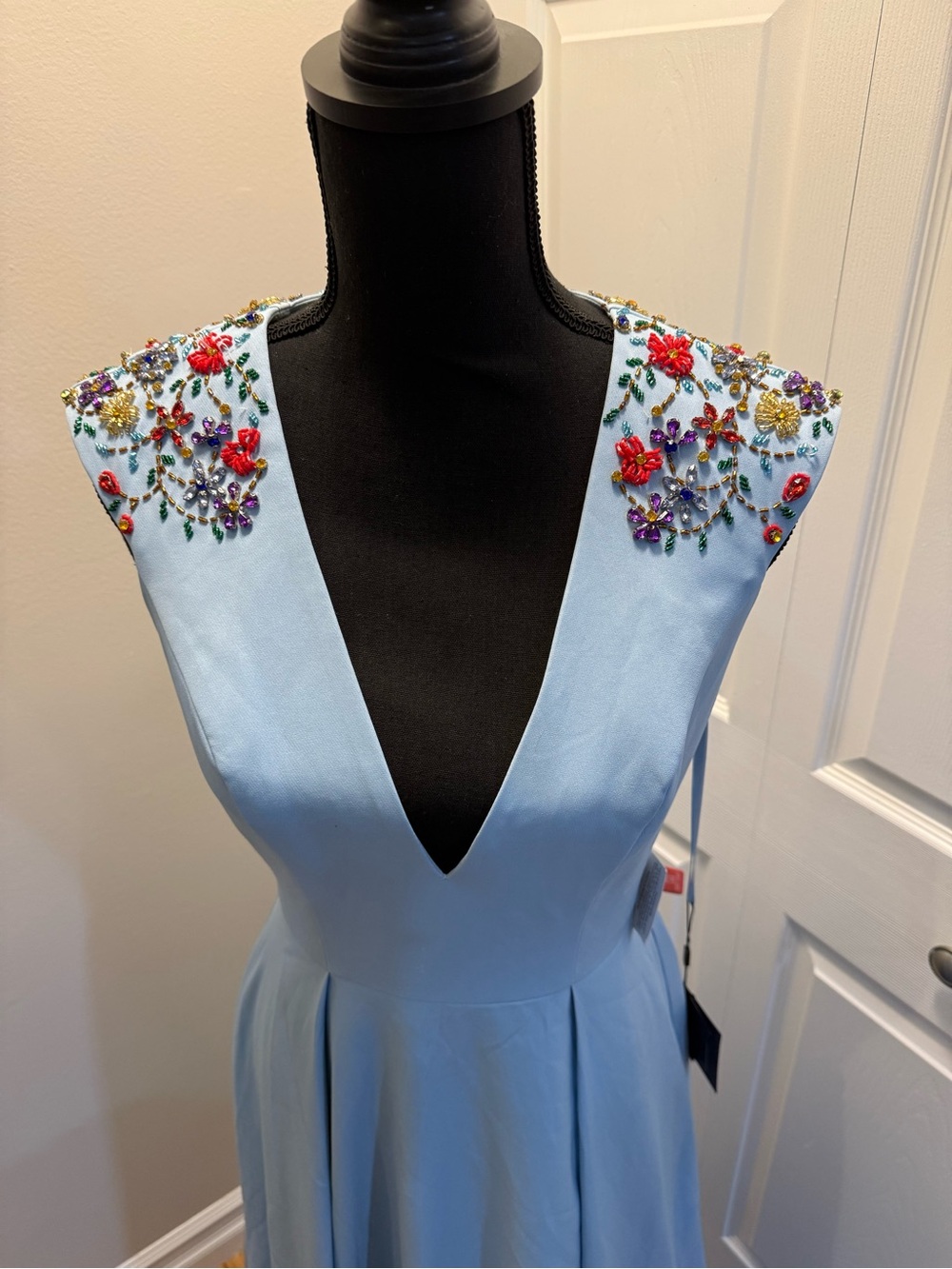 Mac Duggal Light Blue V-Neck Evening Dress with Multicolor Bead Embroidery - Picture 8 of 15